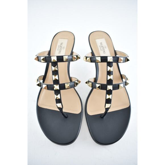 Valentino Rockstud 50 Black Thong Backless Cage Strap Sandal Kitten Heel Pump 37 - Picture 6 of 12